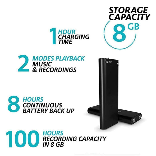 Cutech Digital Voice Recorder 8GB Hidden Micro Digital Voice Audio Recorder Device | Digital Audio Recorder with mp3 Music Player Mini Recording Device | Wireless Electronic Dictaphone