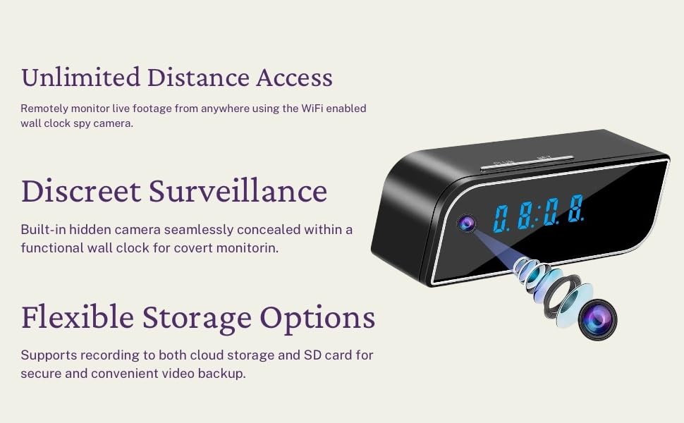 Cutech 1080P FHD WiFi Digital Table Clock Invisible Spy Camera for Home Hidden | Remote Monitoring | Cloud & SD Card Storage | Nanny Hidden Camera with Audio & Video Recorder for Home & Office Security