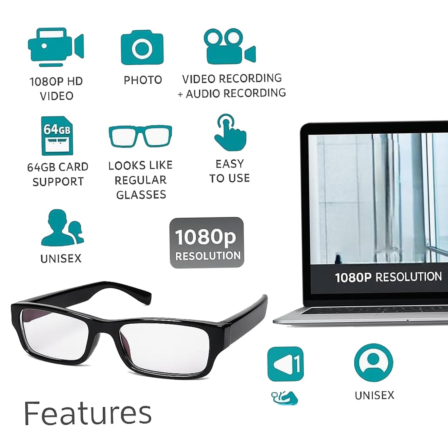 Cutech Camera Glasses spy Invisible Lens No Hole Complete Outdoor Hidden Camera HD Video Audio 1080p Eyewear Video Recording for Meeting, Travel, Sports