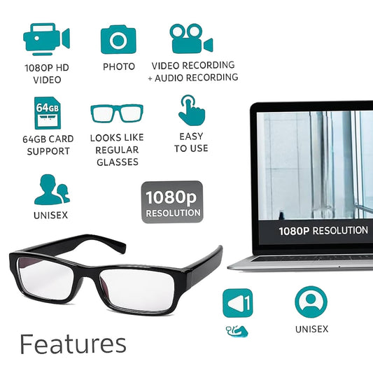 Cutech Camera Glasses spy Invisible Lens No Hole Complete Outdoor Hidden Camera HD Video Audio 1080p Eyewear Video Recording for Meeting, Travel, Sports