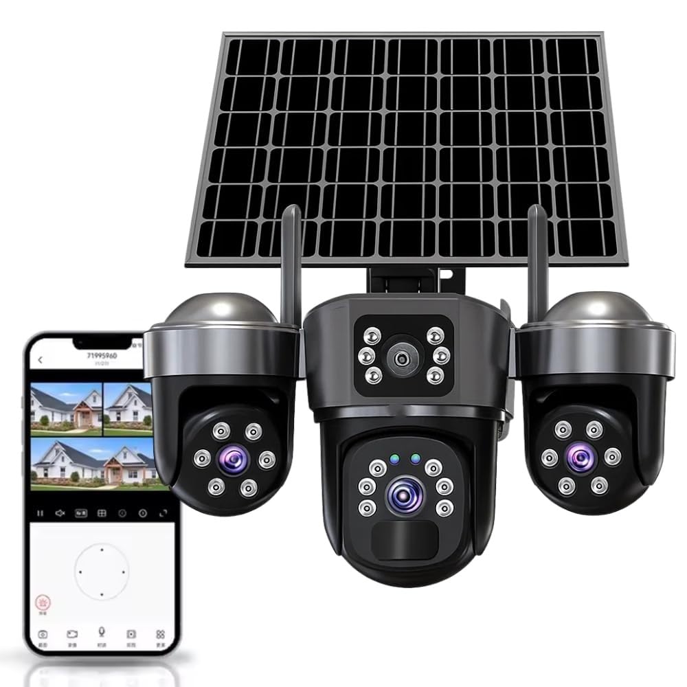 Cutech 3 Lens Solar Powered Outdoor Security Camera with WiFi PTZ Camera for Home, Pan Tilt Zoom, Motion Detection and Night Vision, 3 Lens Solar Camera with Mobile App Control