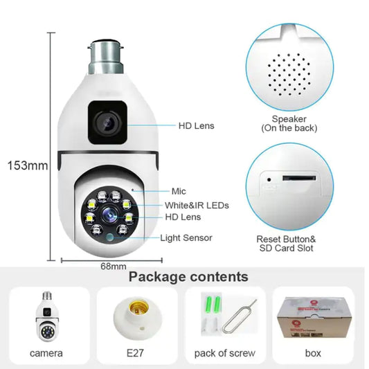 Cutech Dual Lens 4MP/8MP Outdoor Security Camera with PTZ Light Color Night Vision, Motion Detection, Wireless Light Bulb Camera, Two-Way Audio, Weather Resistant