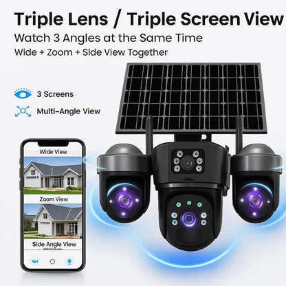 Cutech 3 Lens Solar Powered Outdoor Security Camera with WiFi PTZ Camera for Home, Pan Tilt Zoom, Motion Detection and Night Vision, 3 Lens Solar Camera with Mobile App Control