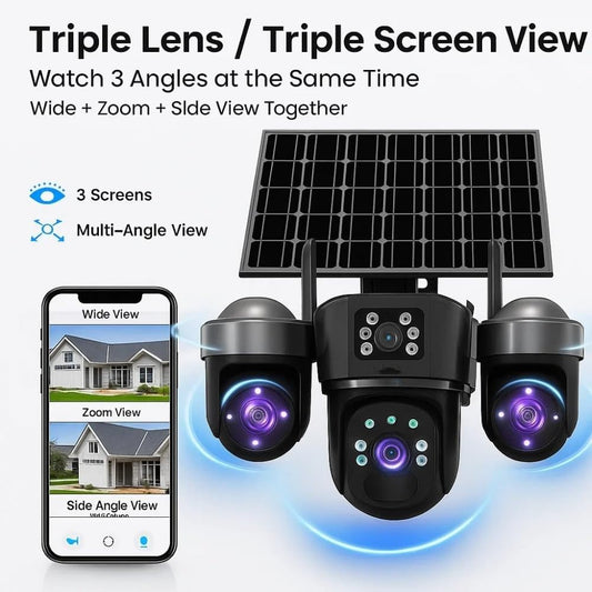 Cutech 3 Lens Solar Powered Outdoor Security Camera with WiFi PTZ Camera for Home, Pan Tilt Zoom, Motion Detection and Night Vision, 3 Lens Solar Camera with Mobile App Control