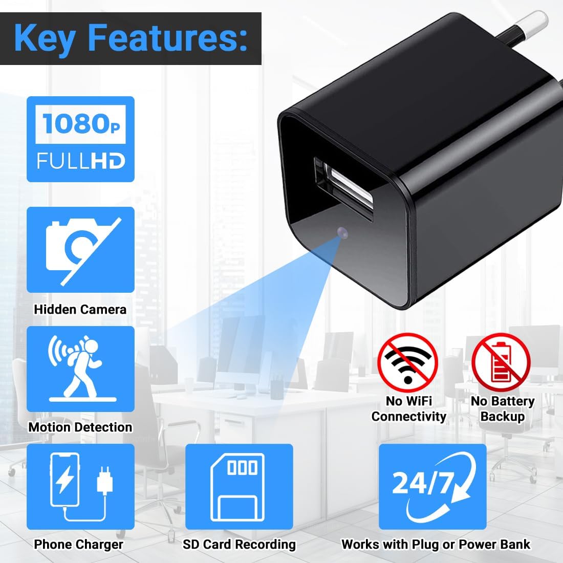 Cutech 1080p HD USB Charger Camera, Plug USB Charger with SD Card, Supports 2 Mode Recording, Nanny cam |Home, Kids, Baby, Pet Monitoring