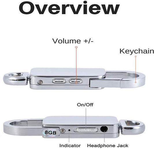 Cutech 360 Mini Digital Voice Recorder 8GB in Built Memory, Keychain Professional Audio MP3 Player Microphone Sound Recording (Silver 8GB Memory Recorder)