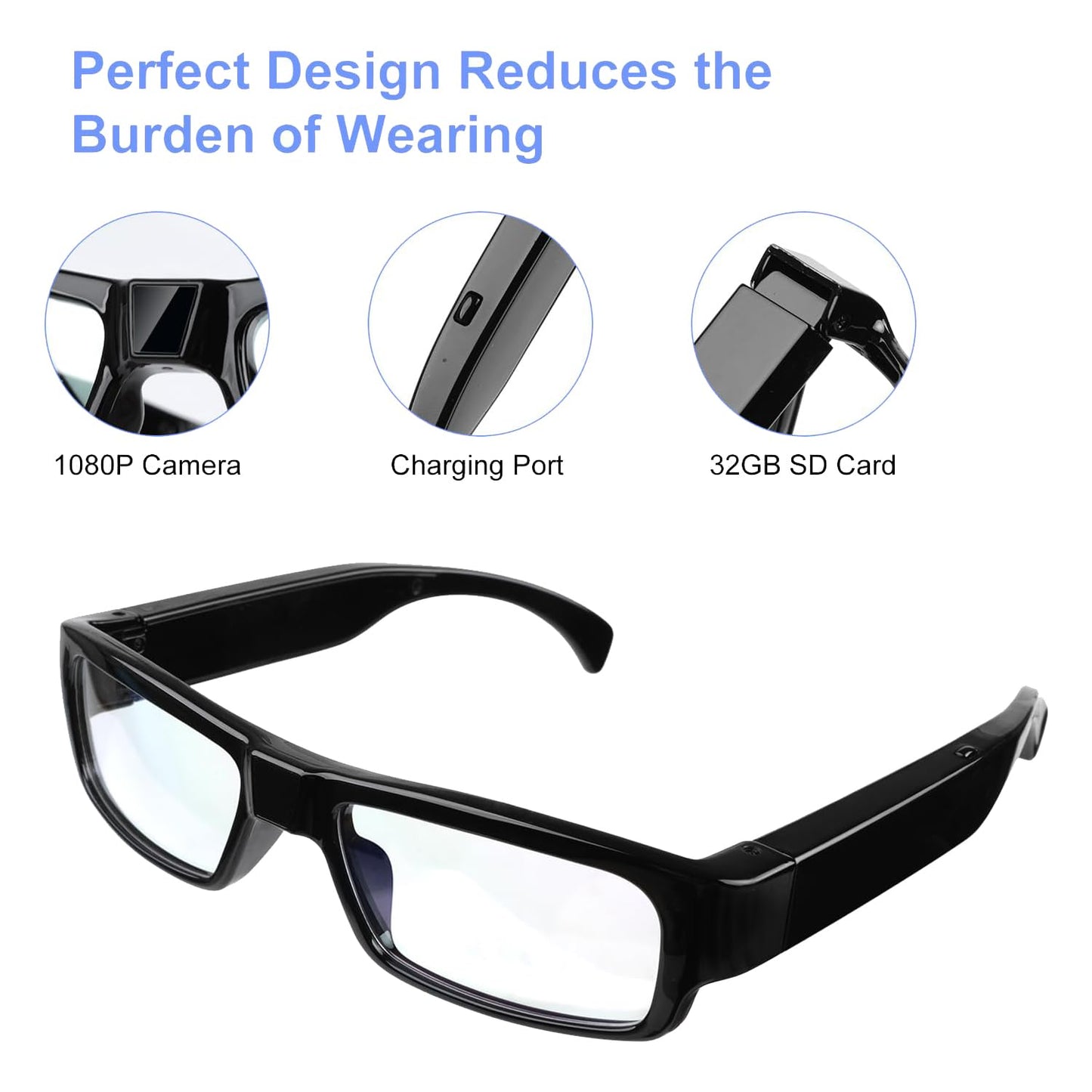 Cutech Camera Glasses spy Invisible Lens No Hole Complete Outdoor Hidden Camera HD Video Audio 1080p Eyewear Video Recording for Meeting, Travel, Sports