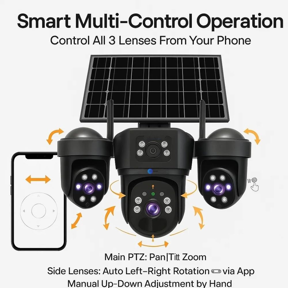 Cutech 3 Lens Solar Powered Outdoor Security Camera with WiFi PTZ Camera for Home, Pan Tilt Zoom, Motion Detection and Night Vision, 3 Lens Solar Camera with Mobile App Control