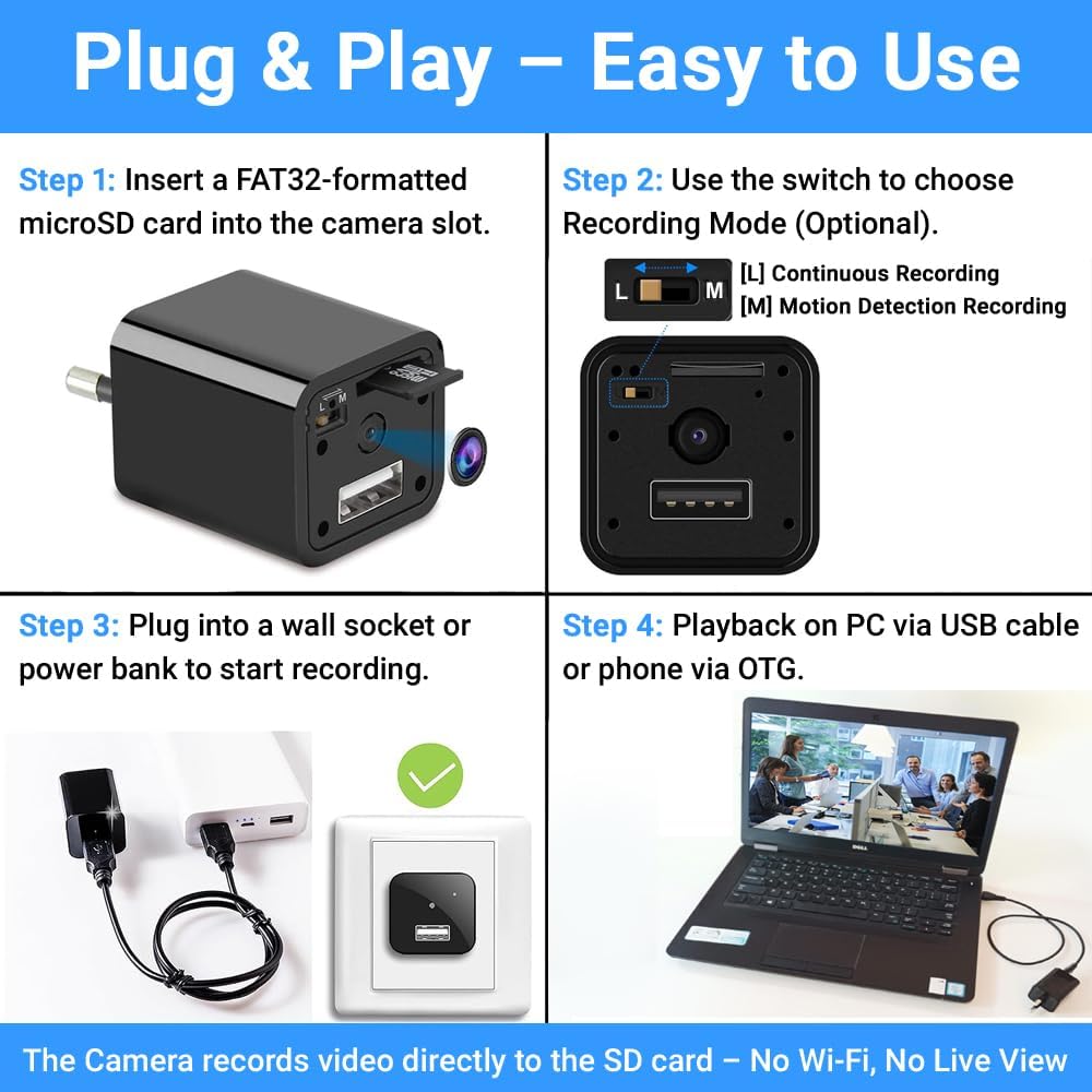 Cutech 1080p HD USB Charger Camera, Plug USB Charger with SD Card, Supports 2 Mode Recording, Nanny cam |Home, Kids, Baby, Pet Monitoring