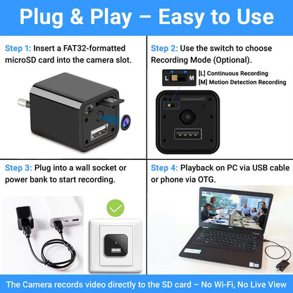 Cutech 1080p HD USB Charger Camera, Plug USB Charger with SD Card, Supports 2 Mode Recording, Nanny cam |Home, Kids, Baby, Pet Monitoring