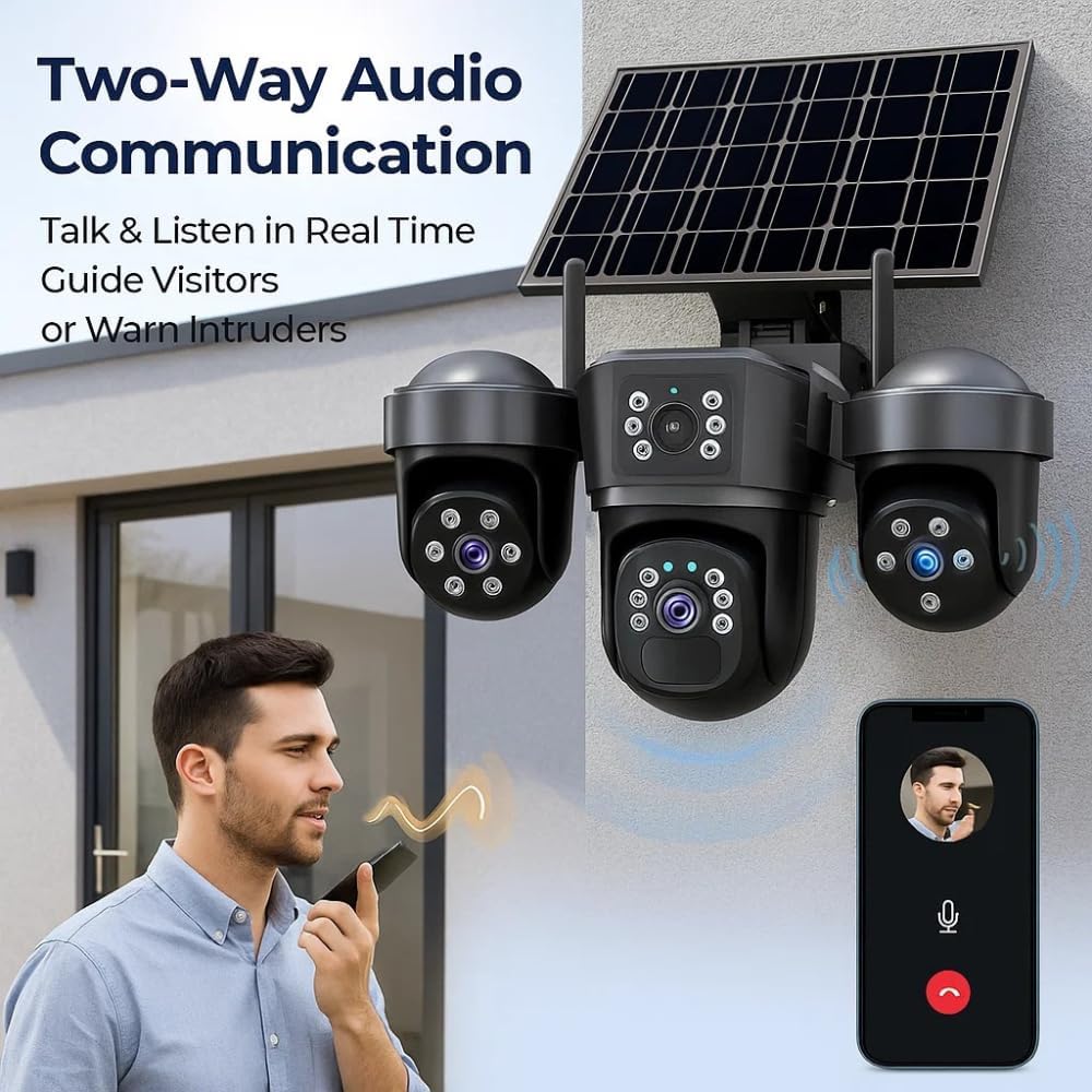 Cutech 3 Lens Solar Powered Outdoor Security Camera with WiFi PTZ Camera for Home, Pan Tilt Zoom, Motion Detection and Night Vision, 3 Lens Solar Camera with Mobile App Control