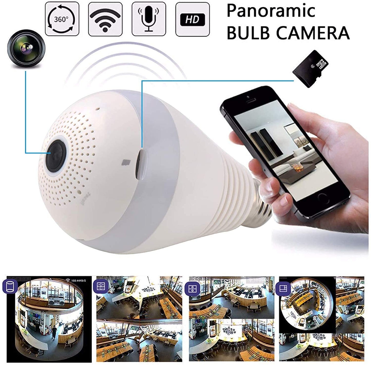 Cutech 3MP Indoor WiFi Light Bulb Camera for Home Security with 360° View Smart LED Light Bulb CCTV Camera, Wireless Light Socket Bulb, Motion Detection & Mobile App Control