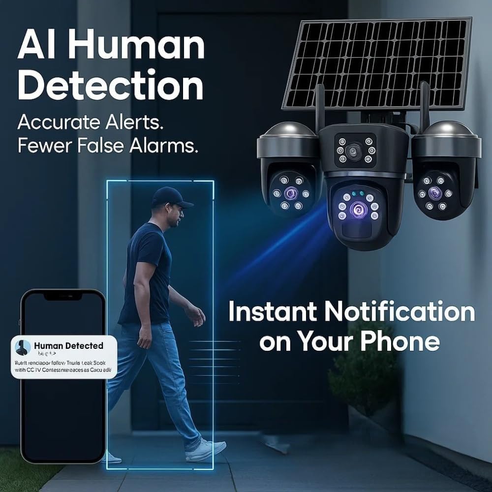 Cutech 3 Lens Solar Powered Outdoor Security Camera with WiFi PTZ Camera for Home, Pan Tilt Zoom, Motion Detection and Night Vision, 3 Lens Solar Camera with Mobile App Control