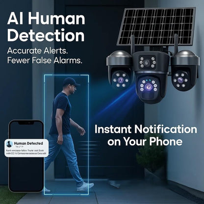 Cutech 3 Lens Solar Powered Outdoor Security Camera with WiFi PTZ Camera for Home, Pan Tilt Zoom, Motion Detection and Night Vision, 3 Lens Solar Camera with Mobile App Control