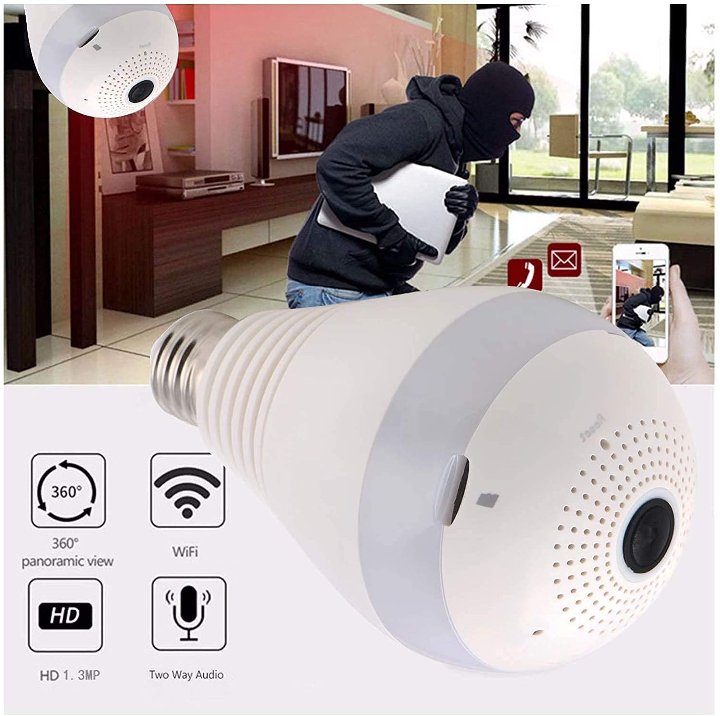 Cutech 3MP Indoor WiFi Light Bulb Camera for Home Security with 360° View Smart LED Light Bulb CCTV Camera, Wireless Light Socket Bulb, Motion Detection & Mobile App Control