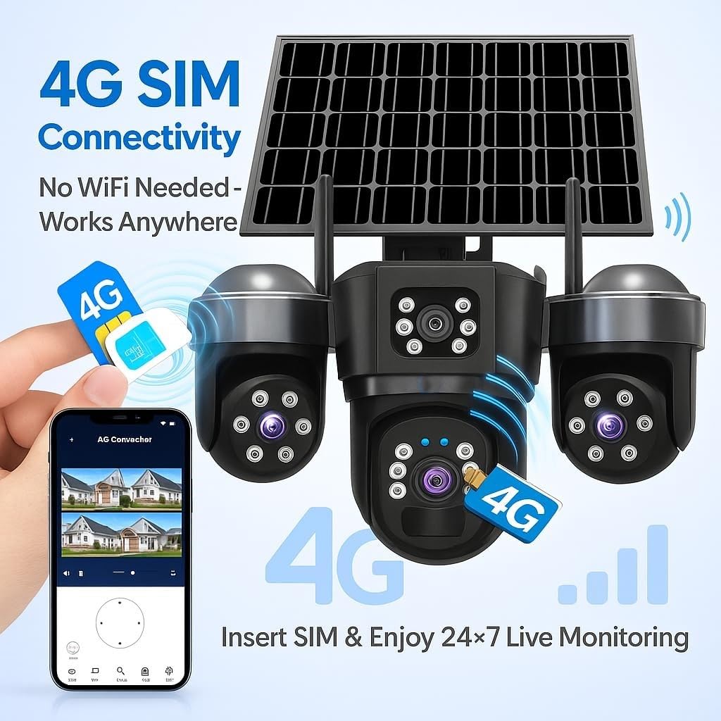 Cutech 3 Lens Solar Powered Outdoor Security Camera with WiFi PTZ Camera for Home, Pan Tilt Zoom, Motion Detection and Night Vision, 3 Lens Solar Camera with Mobile App Control