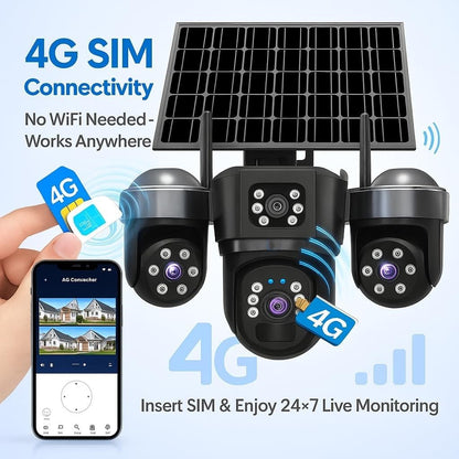 Cutech 3 Lens Solar Powered Outdoor Security Camera with WiFi PTZ Camera for Home, Pan Tilt Zoom, Motion Detection and Night Vision, 3 Lens Solar Camera with Mobile App Control