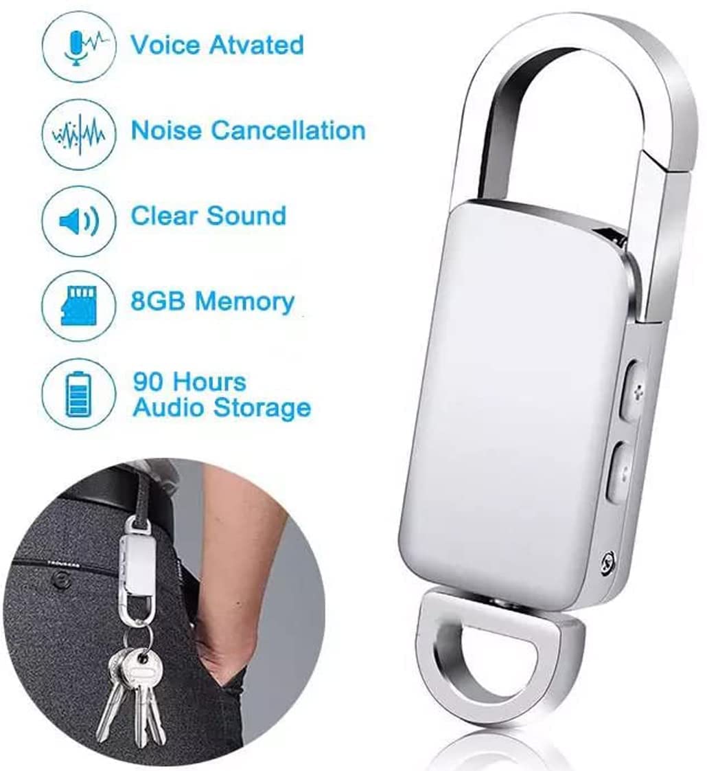 Cutech 360 Mini Digital Voice Recorder 8GB in Built Memory, Keychain Professional Audio MP3 Player Microphone Sound Recording (Silver 8GB Memory Recorder)