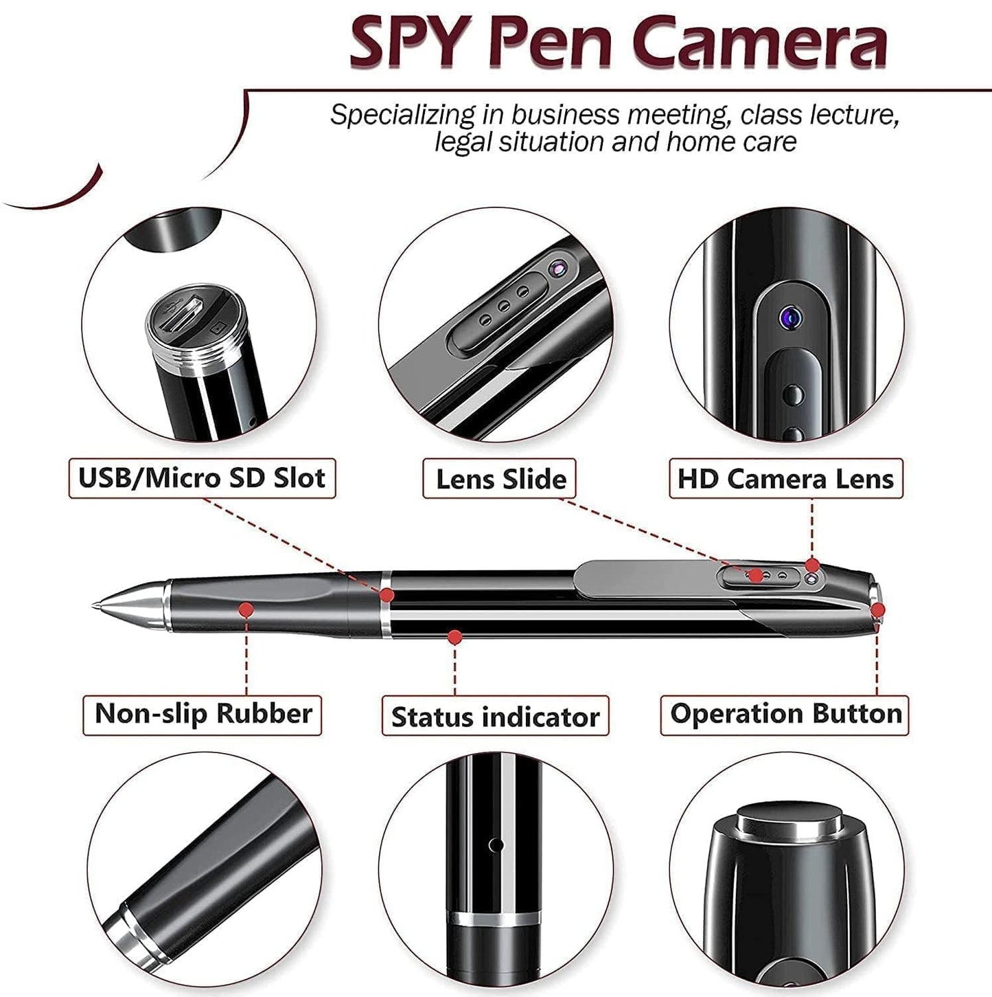 Cutech Pen Camera, HD Video Recording Pen with One-Click Operation, Memory Card Support & USB Charging