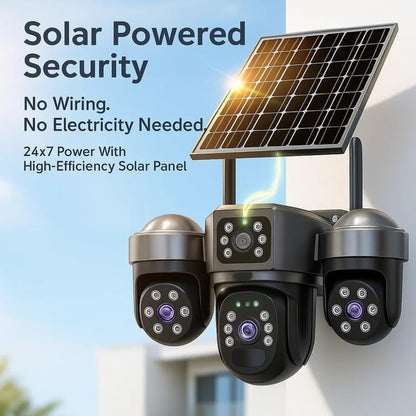 Cutech 3 Lens Solar Powered Outdoor Security Camera with WiFi PTZ Camera for Home, Pan Tilt Zoom, Motion Detection and Night Vision, 3 Lens Solar Camera with Mobile App Control