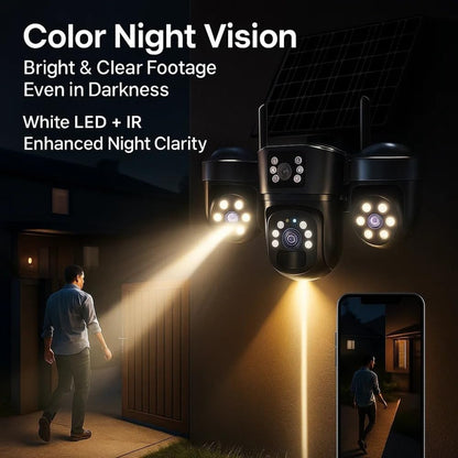 Cutech 3 Lens Solar Powered Outdoor Security Camera with WiFi PTZ Camera for Home, Pan Tilt Zoom, Motion Detection and Night Vision, 3 Lens Solar Camera with Mobile App Control