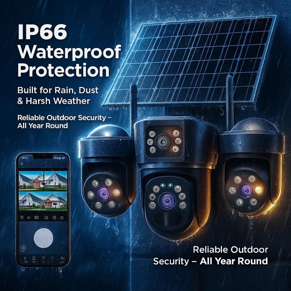 Cutech 3 Lens Solar Powered Outdoor Security Camera with WiFi PTZ Camera for Home, Pan Tilt Zoom, Motion Detection and Night Vision, 3 Lens Solar Camera with Mobile App Control