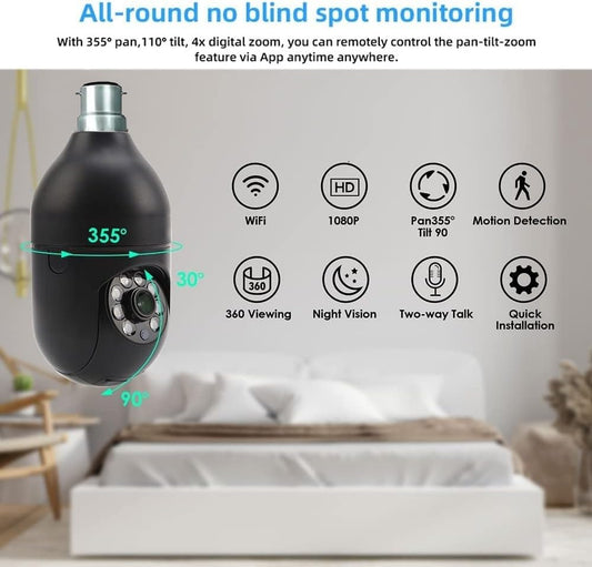 Cutech 3MP WiFi Black Light Bulb CCTV Camera Full HD 1080P, 360° PTZ Home Security Camera, Wireless Light Camera for Home Indoor, Night Vision, Two Way Audio & Mobile V380 Pro