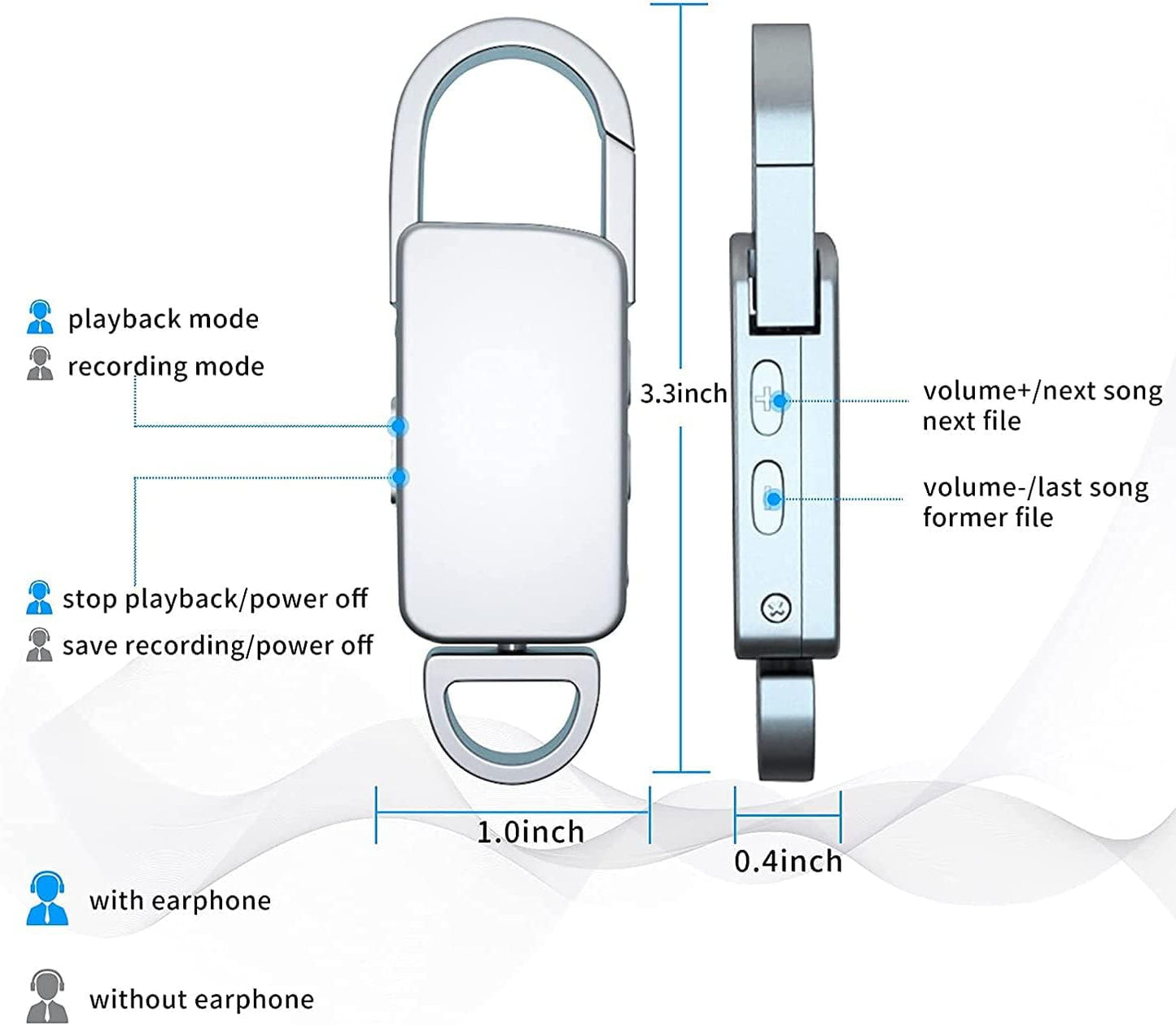 Cutech 360 Mini Digital Voice Recorder 8GB in Built Memory, Keychain Professional Audio MP3 Player Microphone Sound Recording (Silver 8GB Memory Recorder)