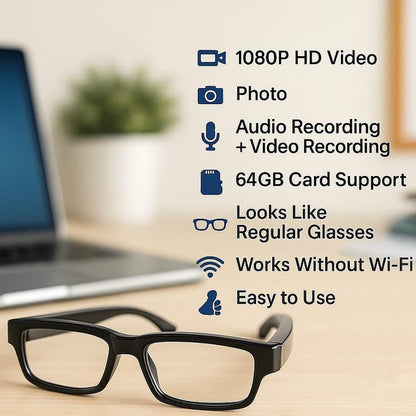 Cutech Camera Glasses spy Invisible Lens No Hole Complete Outdoor Hidden Camera HD Video Audio 1080p Eyewear Video Recording for Meeting, Travel, Sports
