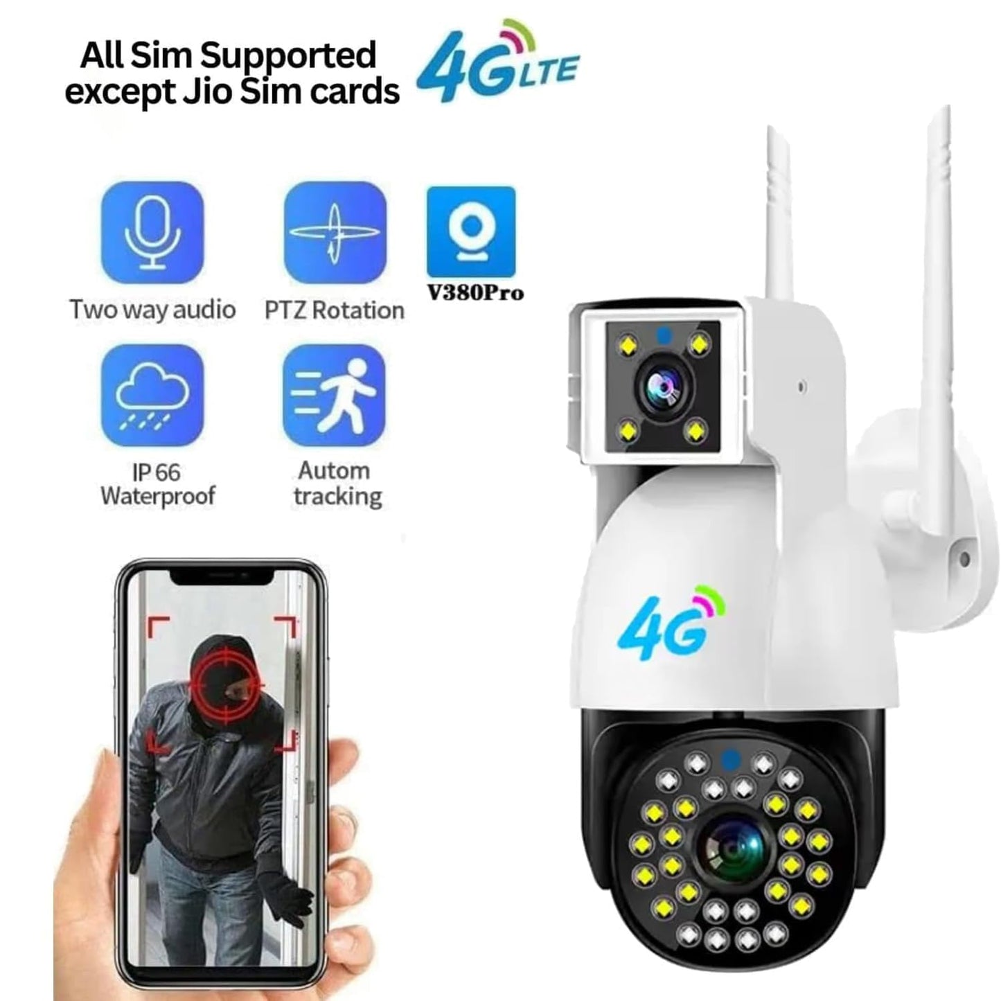 Cutech 5MP×3 UHD Triple Lens/Screen Triple PTZ 4G Solar Outdoor CCTV Camera | Color Night Vision | Human Detection | Two-Way Audio | IP66 Waterproof | Multi-User View