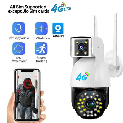 Cutech 5MP×3 UHD Triple Lens/Screen Triple PTZ 4G Solar Outdoor CCTV Camera | Color Night Vision | Human Detection | Two-Way Audio | IP66 Waterproof | Multi-User View